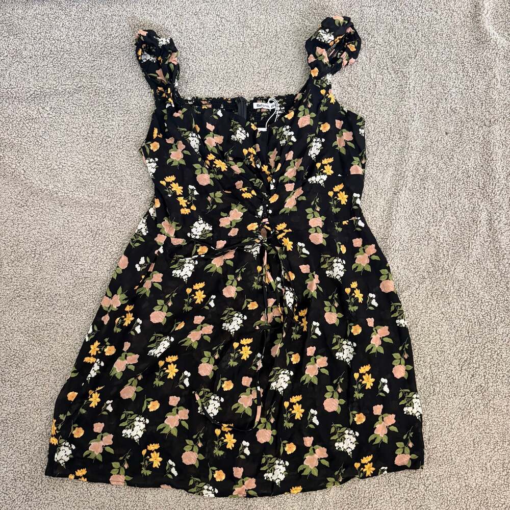 Reformation Jess Dress Es Black Floral Lace Up Smocked Mini Dress Size 20 NWT